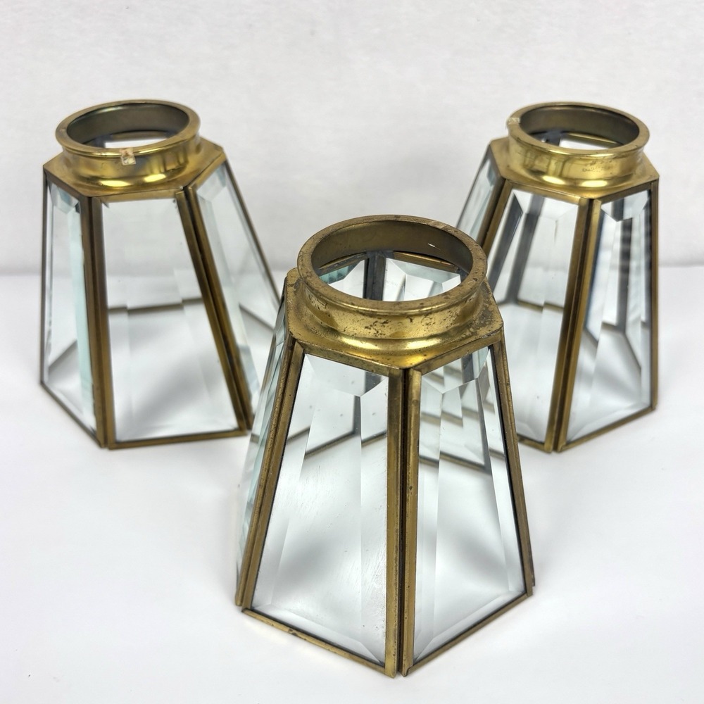 3 VTG 6 Panel Beveled Glass Gold Brass Hex Lamp Shade Replacement Globes 4.75”